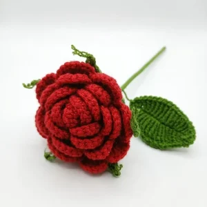 Crochet Red Rose Flower Decor, Handmade Knitted Amigurumi Desk Plant, Everlasting Gift