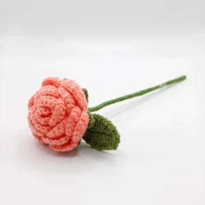 Handmade Crochet Pink Rose Decor, Knitted Flower, Amigurumi Desk Plant, Everlasting Gift