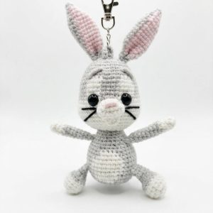 Handmade Crochet Grey Bunny Keychain | Amigurumi Rabbit Bag Charm | Cute Cartoon Animal Keyring | Nostalgic Retro Character Gift