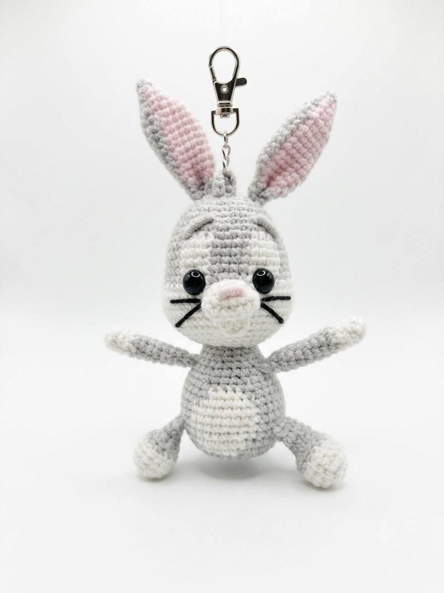 Handmade Crochet Grey Bunny Keychain | Amigurumi Rabbit Bag Charm | Cute Cartoon Animal Keyring | Nostalgic Retro Character Gift